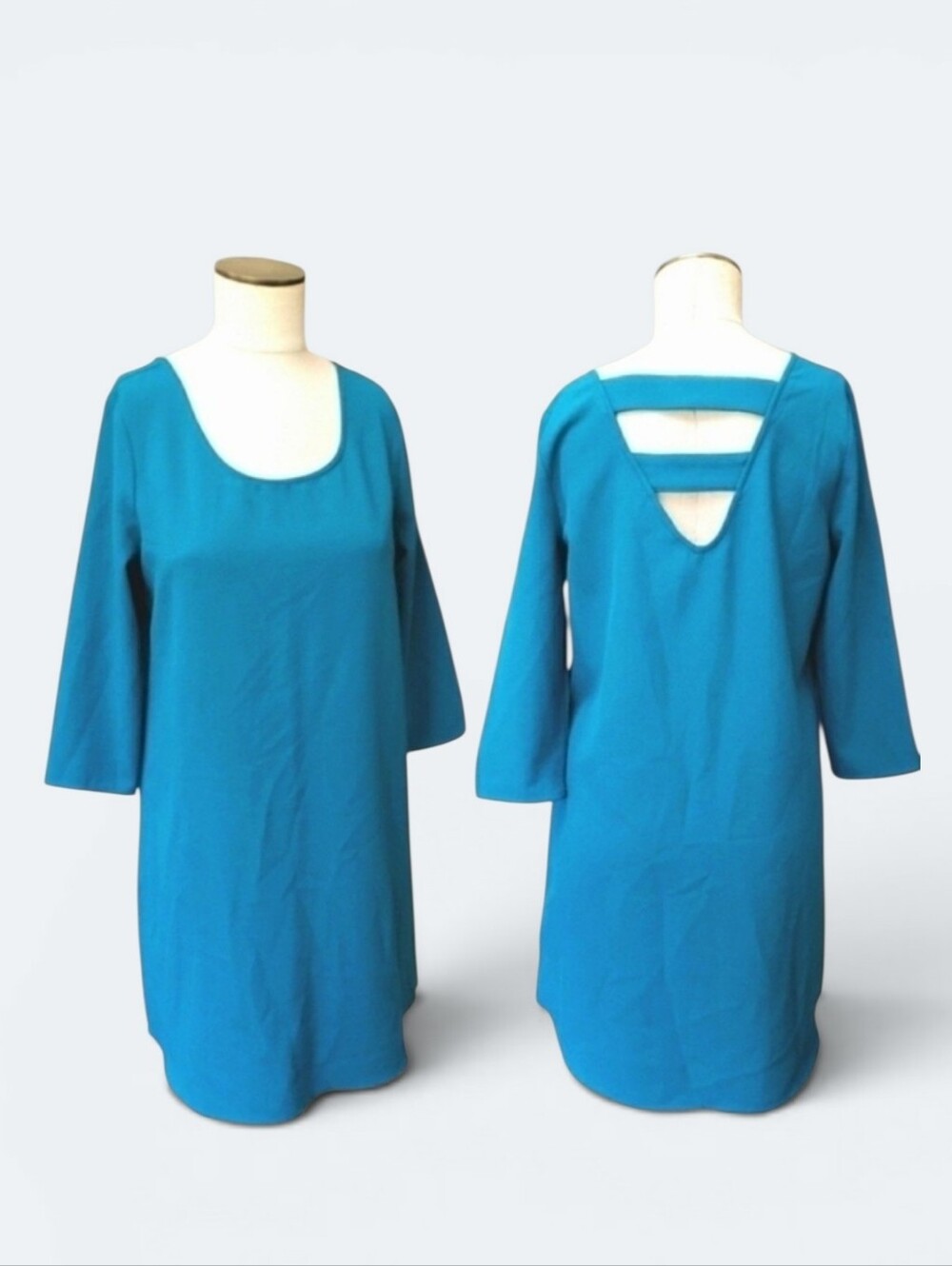 Jack by BB Dakota Luca Crepe Dress Size S Teal Blue Strappy V-Back 3/4 Sleeves